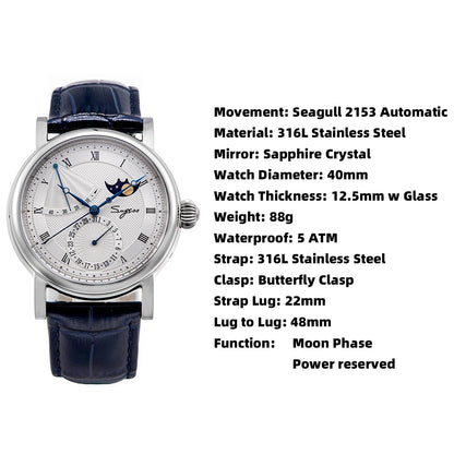 Sugess Moonphase Men's Watch Automatic Mechanical Watches for Tianjin Movement Sapphire Glass Water Resistant Wristwatches New