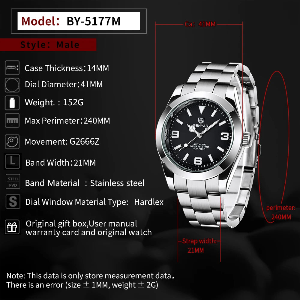 BENYAR 2025 Nuevo reloj mecánico automático para hombre, estilo business deportivo de lujo, relojes para hombre, resistente al agua 50M, Relogios Masculino