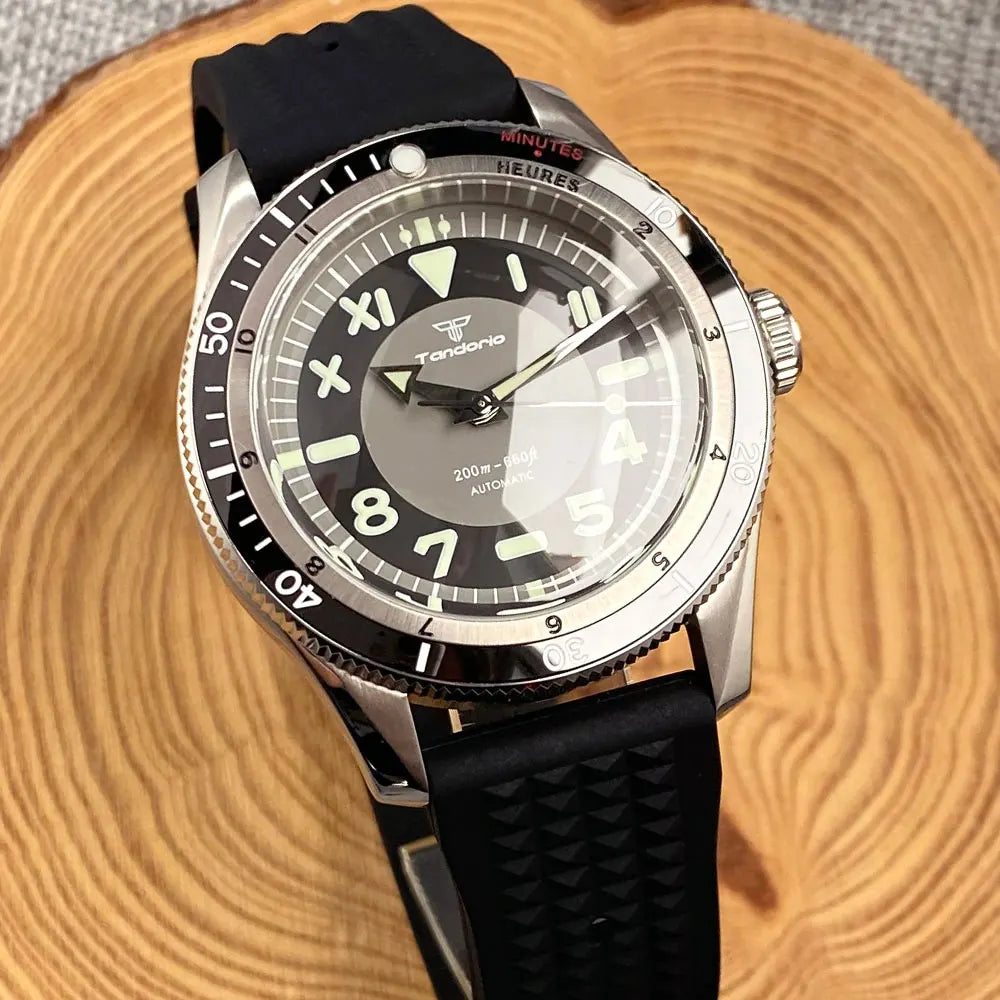 Tandorio Waterproof Watch Men Dome Sapphire Crystal Roman Numbers 120 Clicks Bezel NH35A/Miyota 8215 Movt Silicone Grey Dial