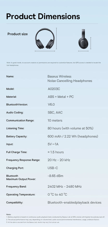 Baseus Wireless Bluetooth 5.3 Over-Ear Headphones – HiFi 40mm Driver, 70H Playtime Foldable Headset with Spatial Audio