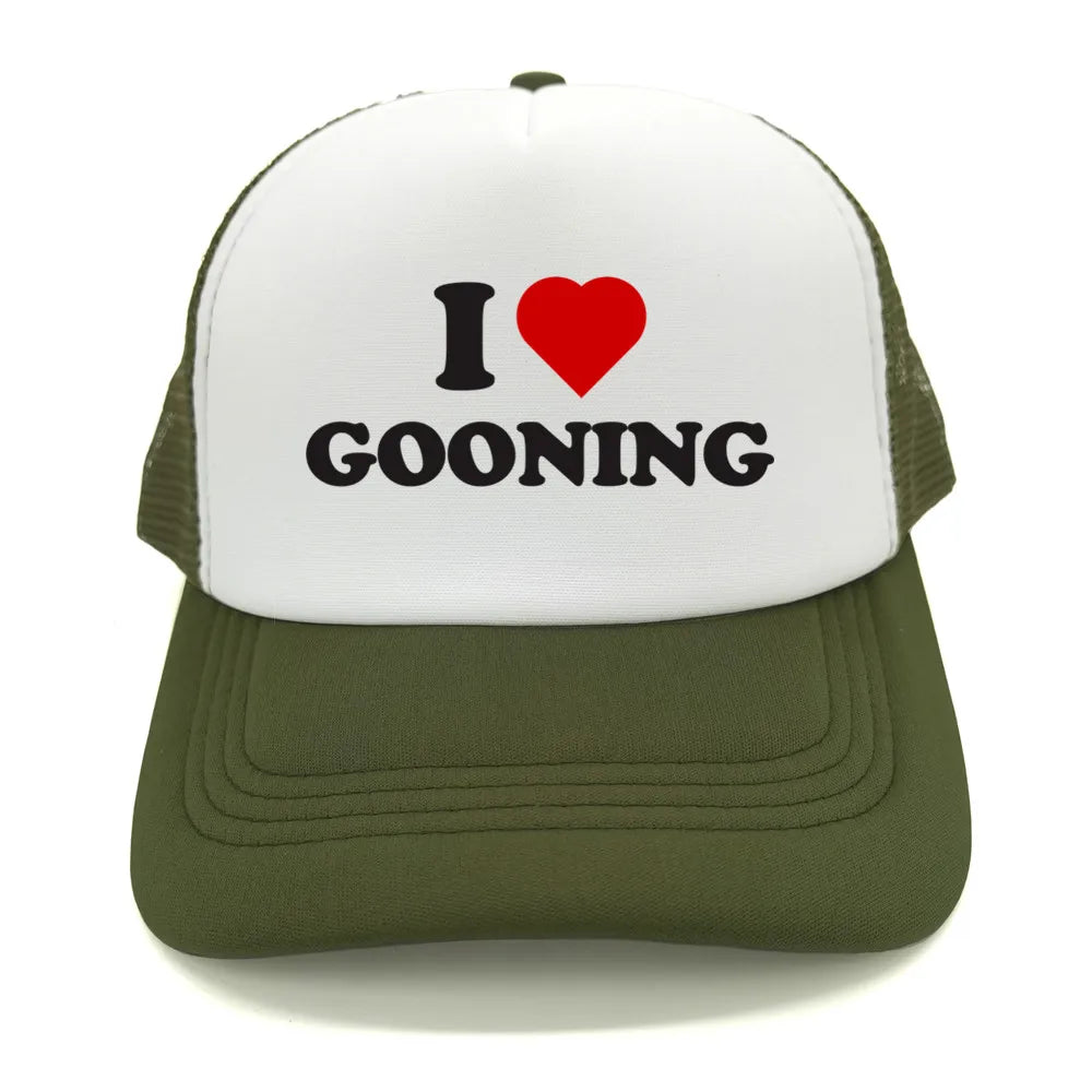 Juokingos „I Love Gooning“ beisbolo kepurės. Šaunios vasarinės vyriškos tinklinės kepurės. Humoro kupinos „Trucker“ stiliaus kepurės. Unisex lauko tinklinės kepurės MZ-080