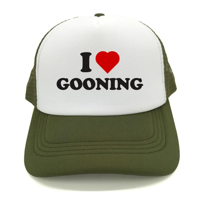 Juokingos „I Love Gooning“ beisbolo kepurės. Šaunios vasarinės vyriškos tinklinės kepurės. Humoro kupinos „Trucker“ stiliaus kepurės. Unisex lauko tinklinės kepurės MZ-080