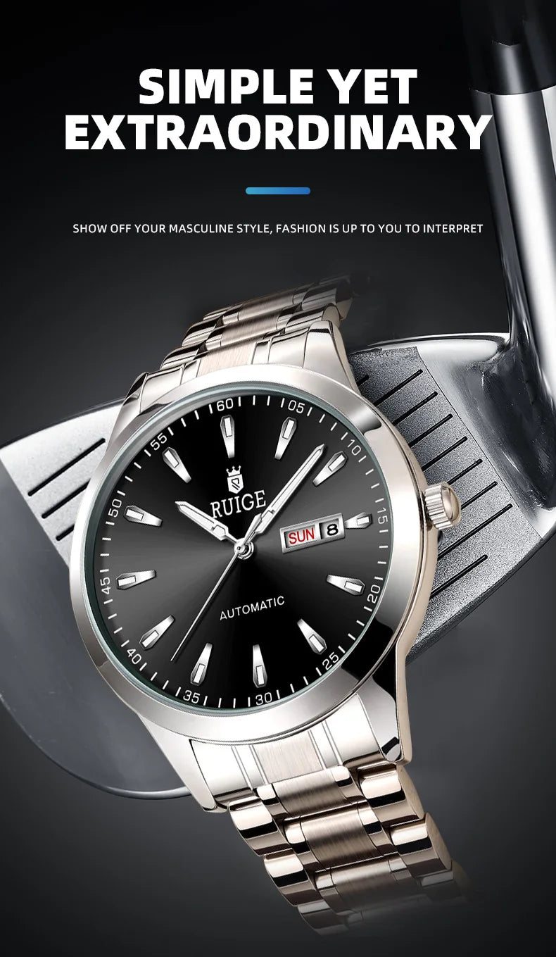 RUIGE Weekly Calendar Men's Fully Automatic Mechanical Watch Stainless Steel Business Men's Night Light Waterproof Versatile Wat