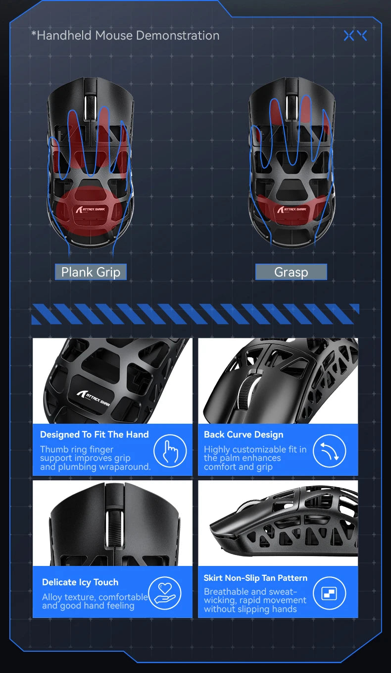 Mouse de gaming ATTACK SHARK R3 din aliaj de magneziu cu structură tip fagure, ultra-ușor, 8K Hz, senzor PAW3395, 26000 DPI, carcasă ergonomică