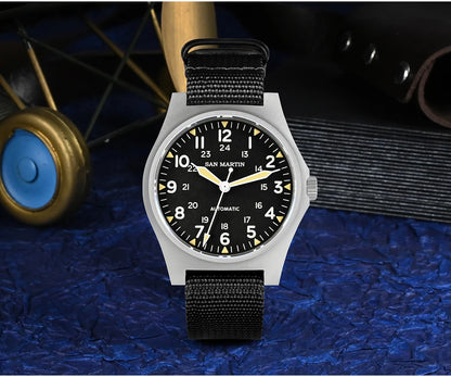 San Martin Pilot Watch 38mm NH35 Retro Military Automatic Mechanical Wristwatch Bead Blasted Case Waterproof 100m SN0137