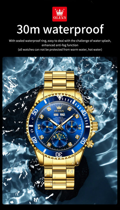 OLEVS 6729 Original Men's Watches Stainless Steel Waterproof Luminous Date Week Moon Phase Automatic Mechanical Watches for Man