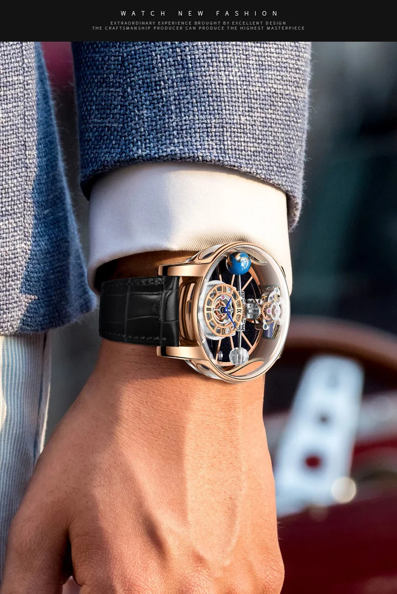 2024 HAEMMER Celestial Men's Watch Transparent Case Design Men's Leather Quartz Watch Time Adjustment Jacob Relogio Waterproof