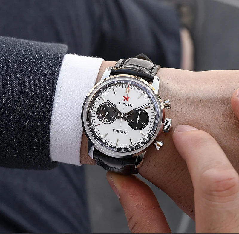 Red Star Panda Mens 1963 Chronograph Mechanical Wristwatch Seagull st1901 Movement Gooseneck 40mm Luminous Sapphire Pilot Watch