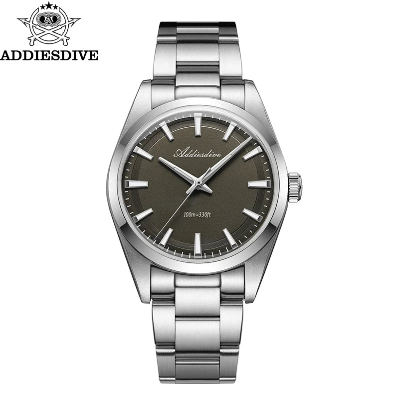 Relógio de homem ADDIESDIVE em aço, estilo de luxo, equipado com vidro abaulado, movimento de quartzo e revestimento luminescente azul BGW9; resistente à água até 100 ATM, indicação analógica – Modelo AD2066