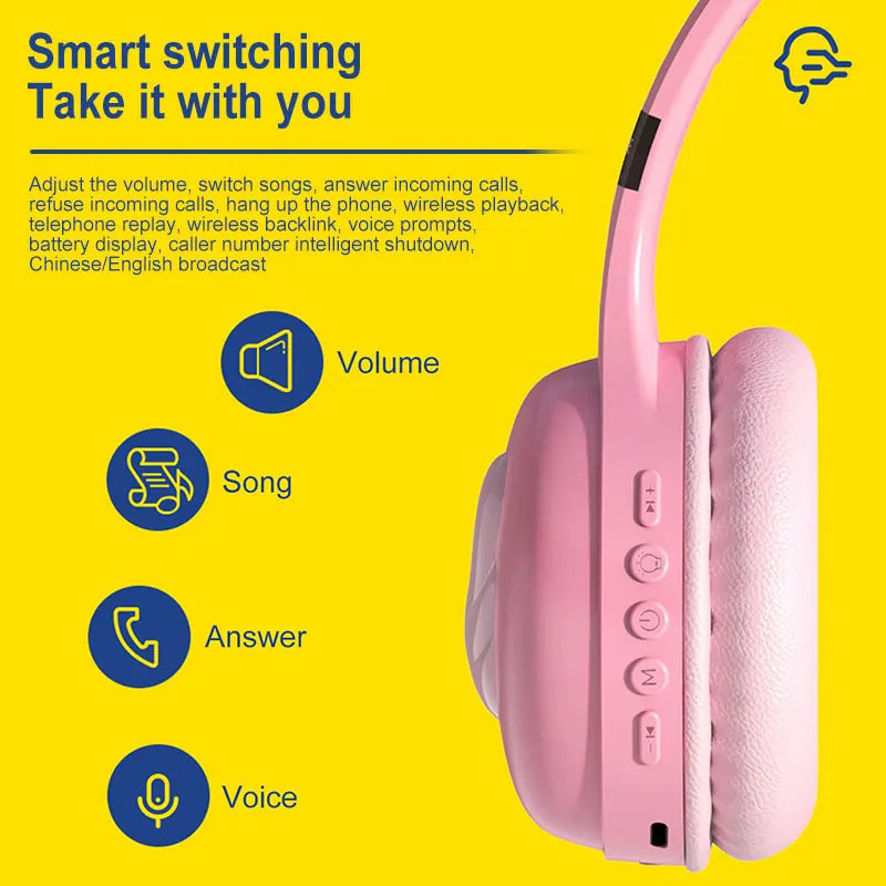 Glow Unicorn Bluetooth Headphones for Kids – LED Bunny Ear Wireless Headphones with Microphone, TF Card Slot, Over-Ear Bluetooth Headset for Gaming, Music & Mobile Devices