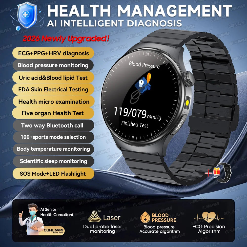 2026New AI-Diagnosis Care Smartwatch ECG+PPG Accurate Uric Acid Blood Pressure Body Fat Five organ Fitness Waterproof Smartwatch