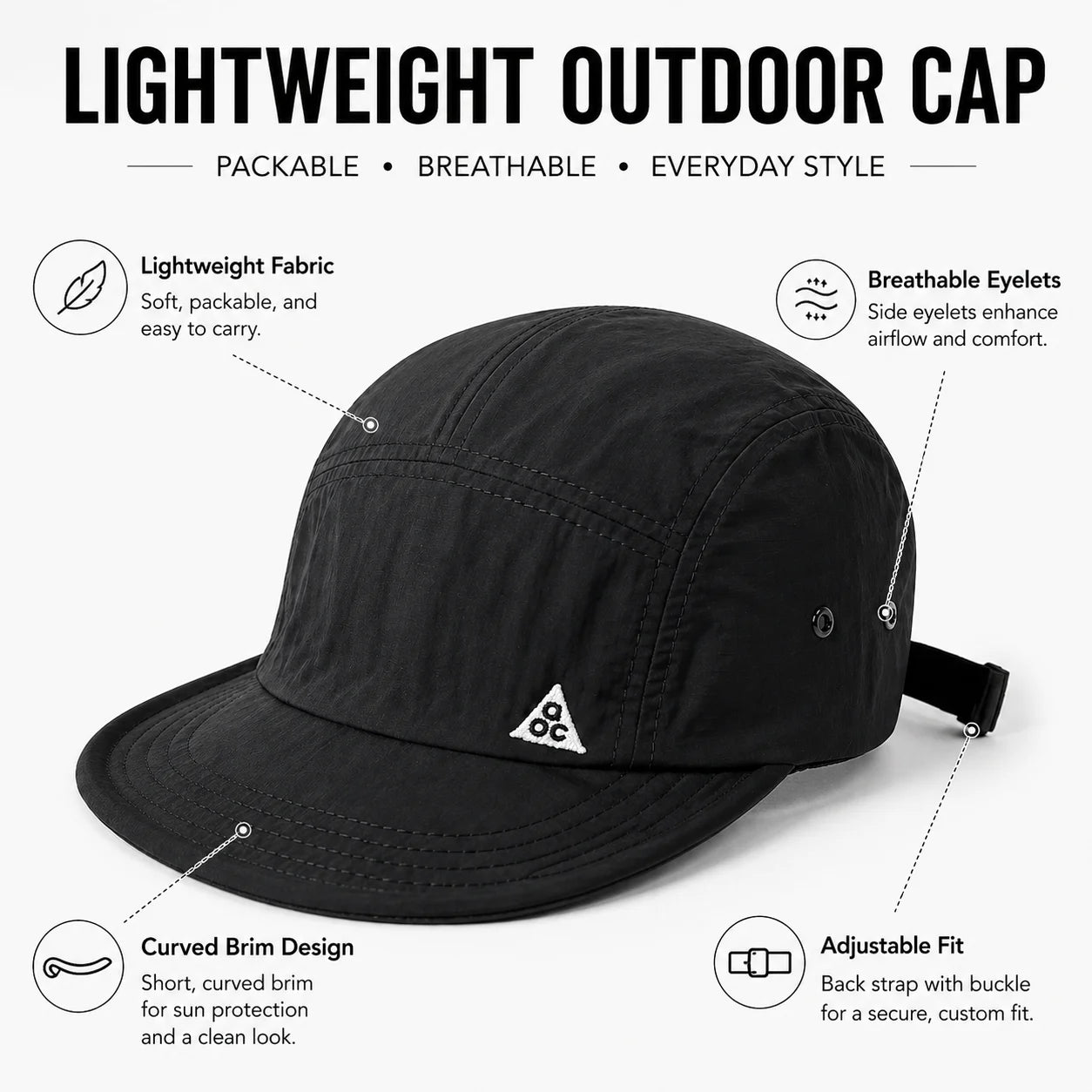 Unisex 5 Panel Camp Cap Quick Dry Waterproof Short Brim Adjustable Lightweight Breathable Cap for Hiking Camping Outdoor Daily