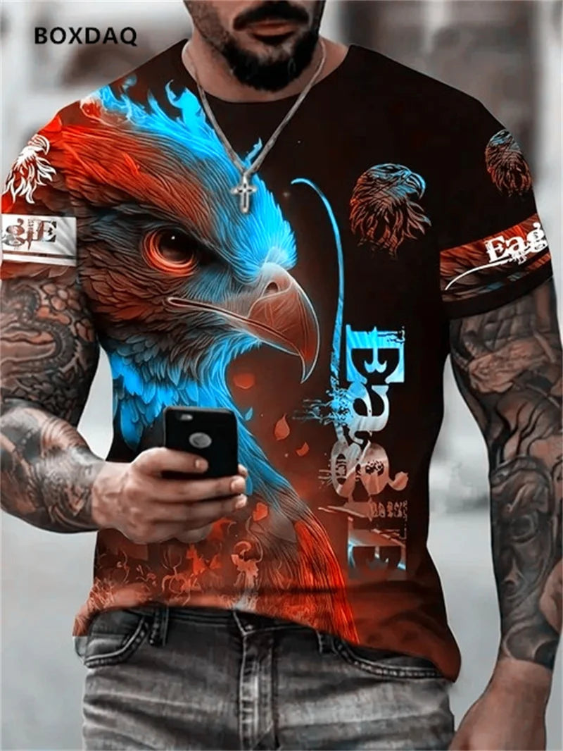 Camisetas para hombre Fashion Eagle, corte holgado, cuello redondo, tops casuales de manga corta con estampado 3D de animal, camiseta streetwear, talla grande 6XL, transpirable