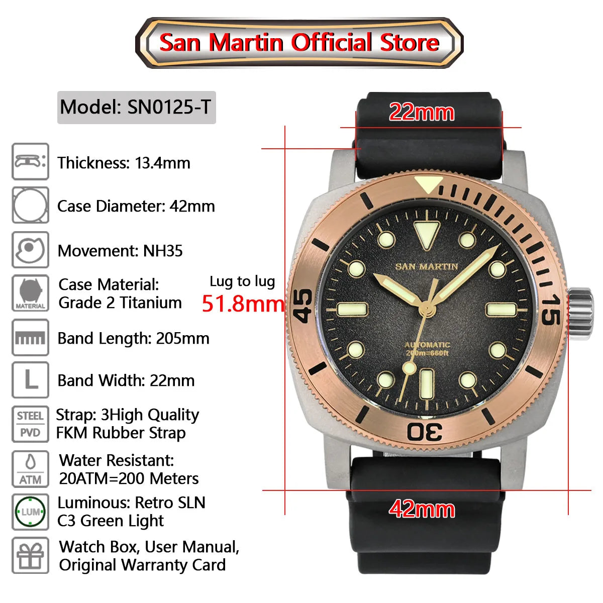 San Martin 42mm Retro Titanium Diver Watch NH35 Automatic Men Mechanical Watches Bronze Bezel Sapphire Luminous Waterproof 200m