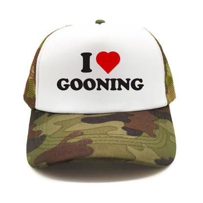 Juokingos „I Love Gooning“ beisbolo kepurės. Šaunios vasarinės vyriškos tinklinės kepurės. Humoro kupinos „Trucker“ stiliaus kepurės. Unisex lauko tinklinės kepurės MZ-080