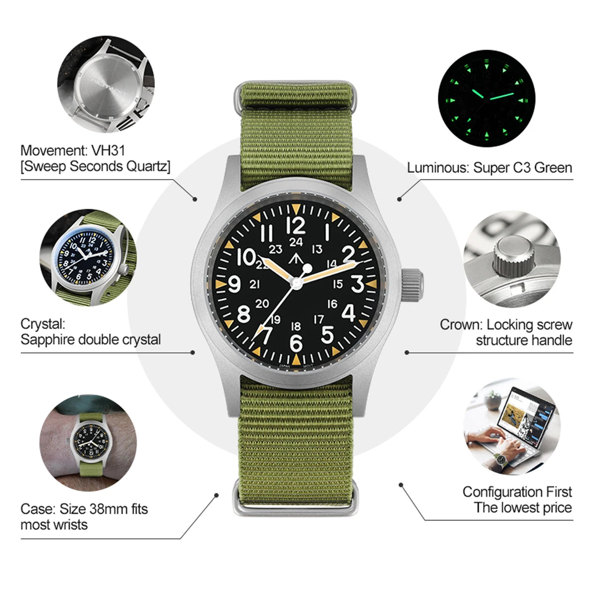 Militado ML05 38mm Vintage Watch VH31 Quartz Movement Field Watches Domed Sapphire Crystal With High Clear AR Coating Wristwatch