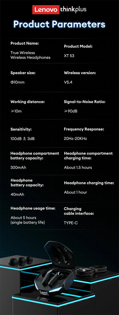 Lenovo XT53 Wireless Bluetooth 5.4 Gaming Earbuds – LED Display, Waterproof Noise Isolating Earphones with Low Latency & Microphone