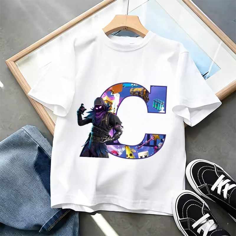 T-shirt Infantil Branco Fortnite com Estampado Alfabeto A-Z — Roupa de Verão, Jogo de Desenhos Animados Popular, Manga Curta Casual, Presente de Moda