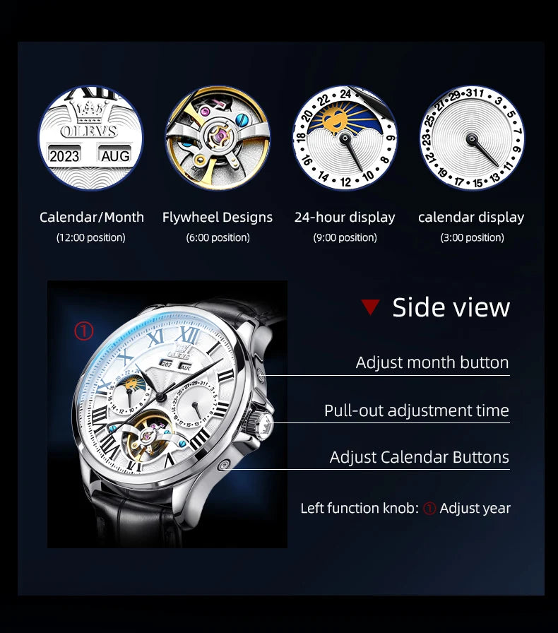 OLEVS 7013 Men's Watch Fashion Moon Phase Mechanical Watch For Men Waterproof Roman Scale Hollow Flywheel Automatic Hand Clock
