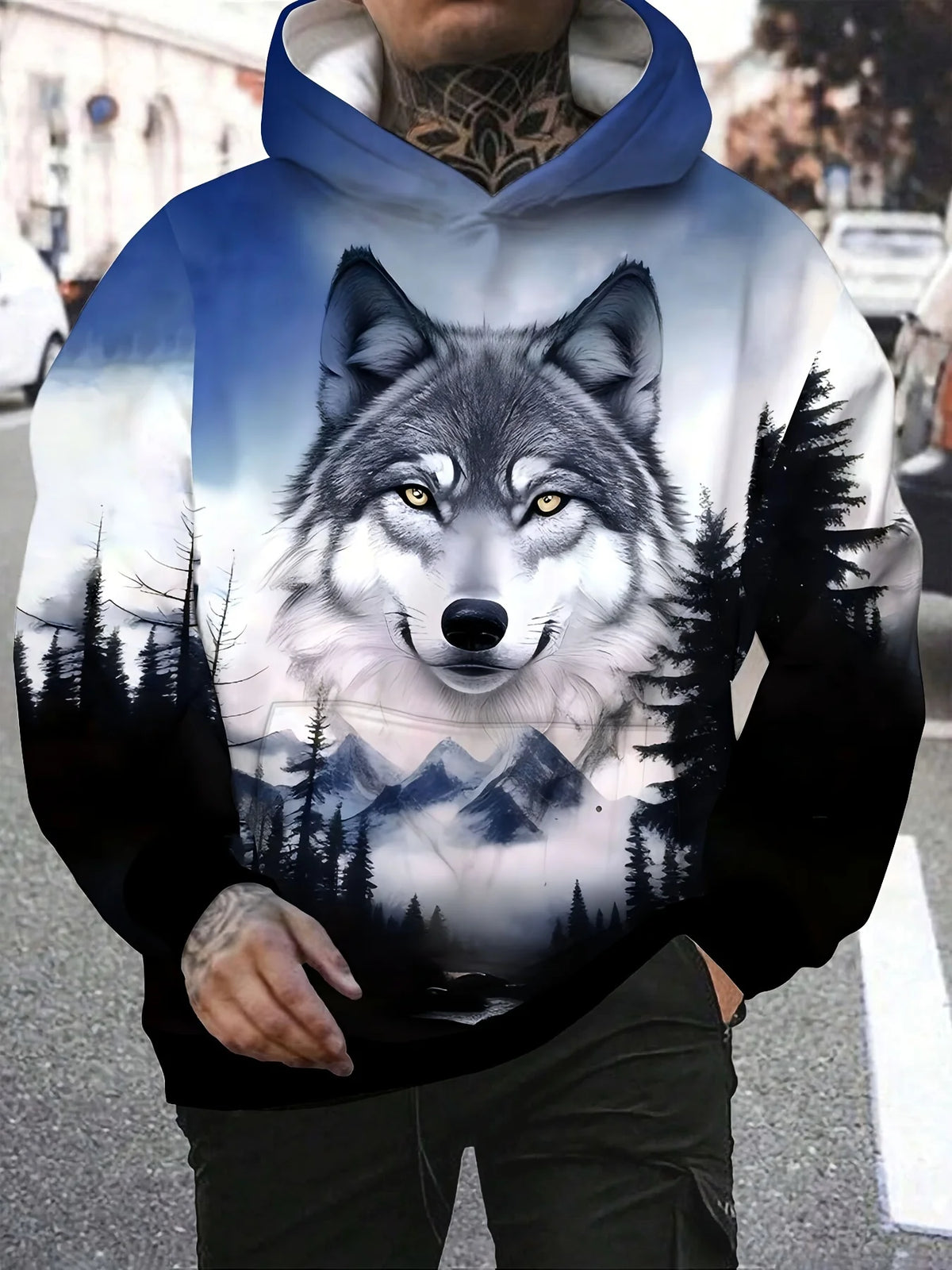 Állat (farkas) grafikás férfi divat 3D-nyomtatott outdoor kapucnis pulóver utcai divat kapucnis pulóverek kapucnis elülső zsebes designer kapucnis pulóver