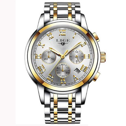 Relógio para homem LIGE – Cronógrafo de luxo, estilo desportivo descontraído, estanque, totalmente em aço, movimento de quartzo