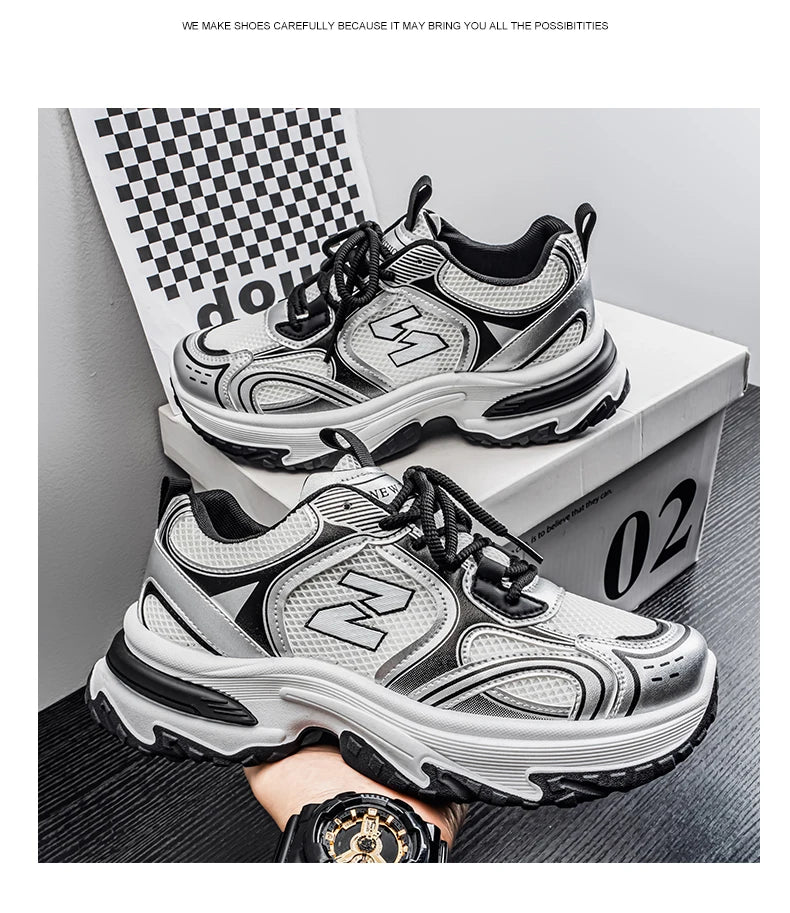 Unisex Trendy Chunky Dad Sneakers Silver Black Retro Couple Breathable Mesh Casual Platform Shoes