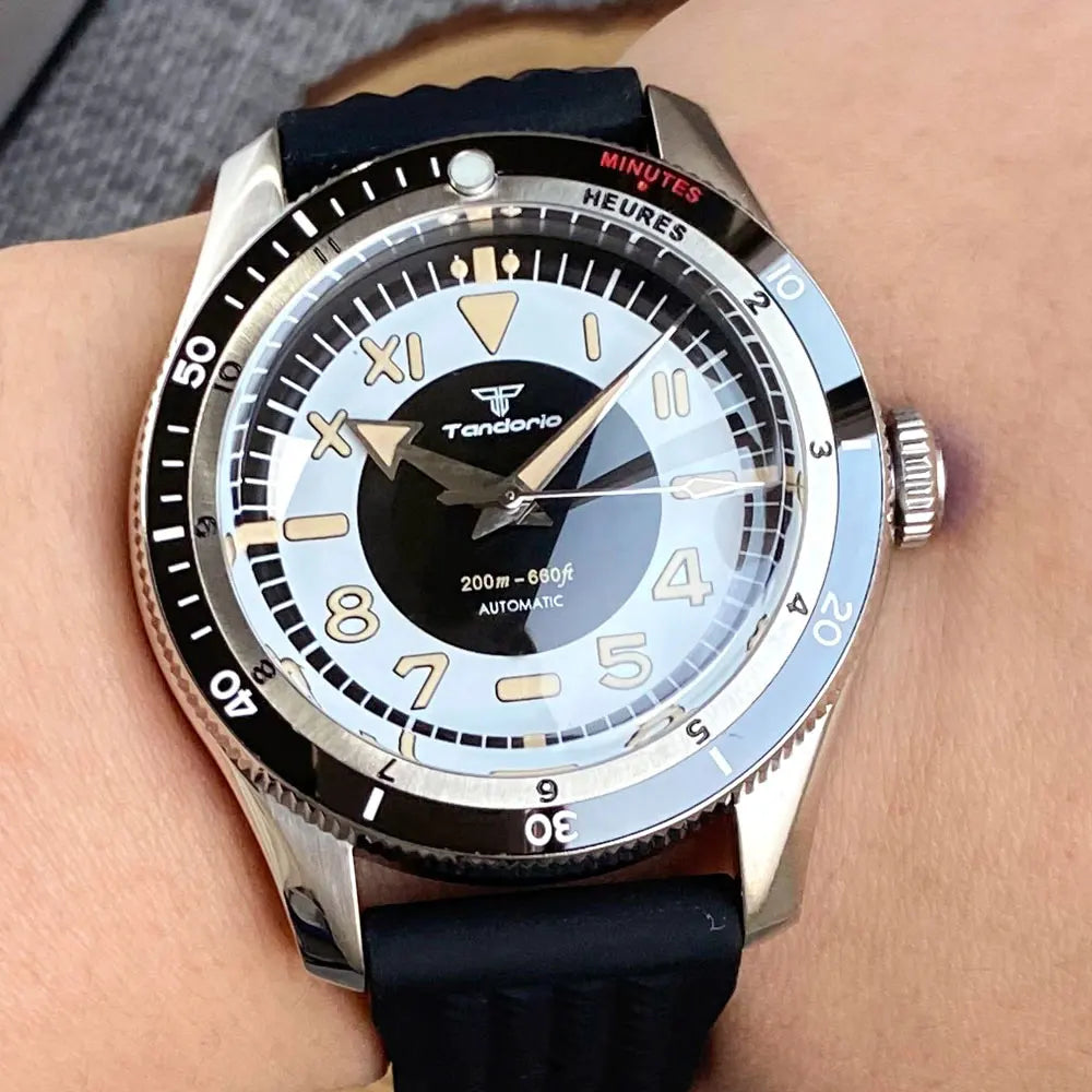 Tandorio Waterproof Watch Men Dome Sapphire Crystal Roman Numbers 120 Clicks Bezel NH35A/Miyota 8215 Movt Silicone Grey Dial