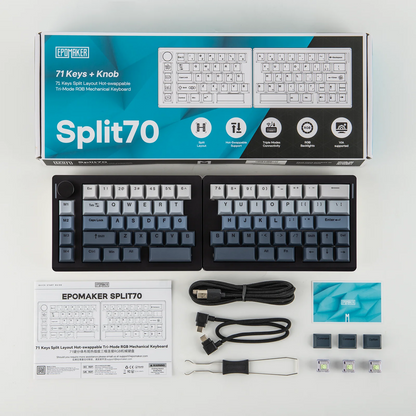 Tastiera meccanica EPOMAKER Split70 QMK/VIA 70% con layout split, connessione cablata/BT/2.4Ghz wireless, manopola programmabile e modificatori Mac