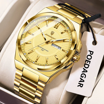 Montre-bracelet de luxe POEDAGAR Sport Original pour homme, à quartz, avec date et jour de semaine, étanche et lumineuse, en acier inoxydable.
