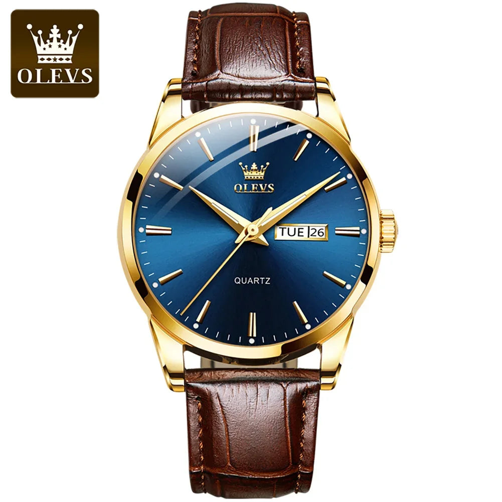 Relógio de quartzo OLEVS para homem – Estilo luxuoso e elegante, bracelete em pele, indicação da data e do dia, resistente à água, ideal para o trabalho