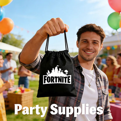 Fortnight témájú sorozat fekete/ezüst kis zsinóros táska, hordozható tároló, rajzfilmes zseb, ajándék születésnapi parti dekorációhoz