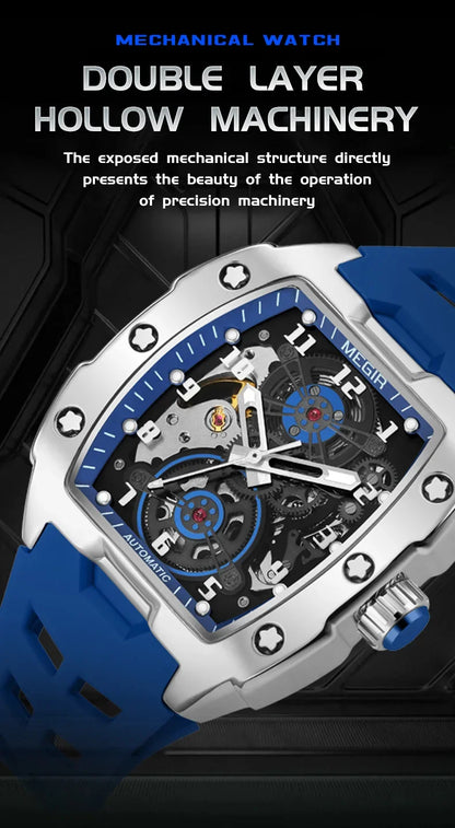 MEGIR Fashion Sport Alloy Case Men Mechanics Watch Waterproof Silicone Band Barrel Shaped Dial Luminous Pointer Man Wristwatches