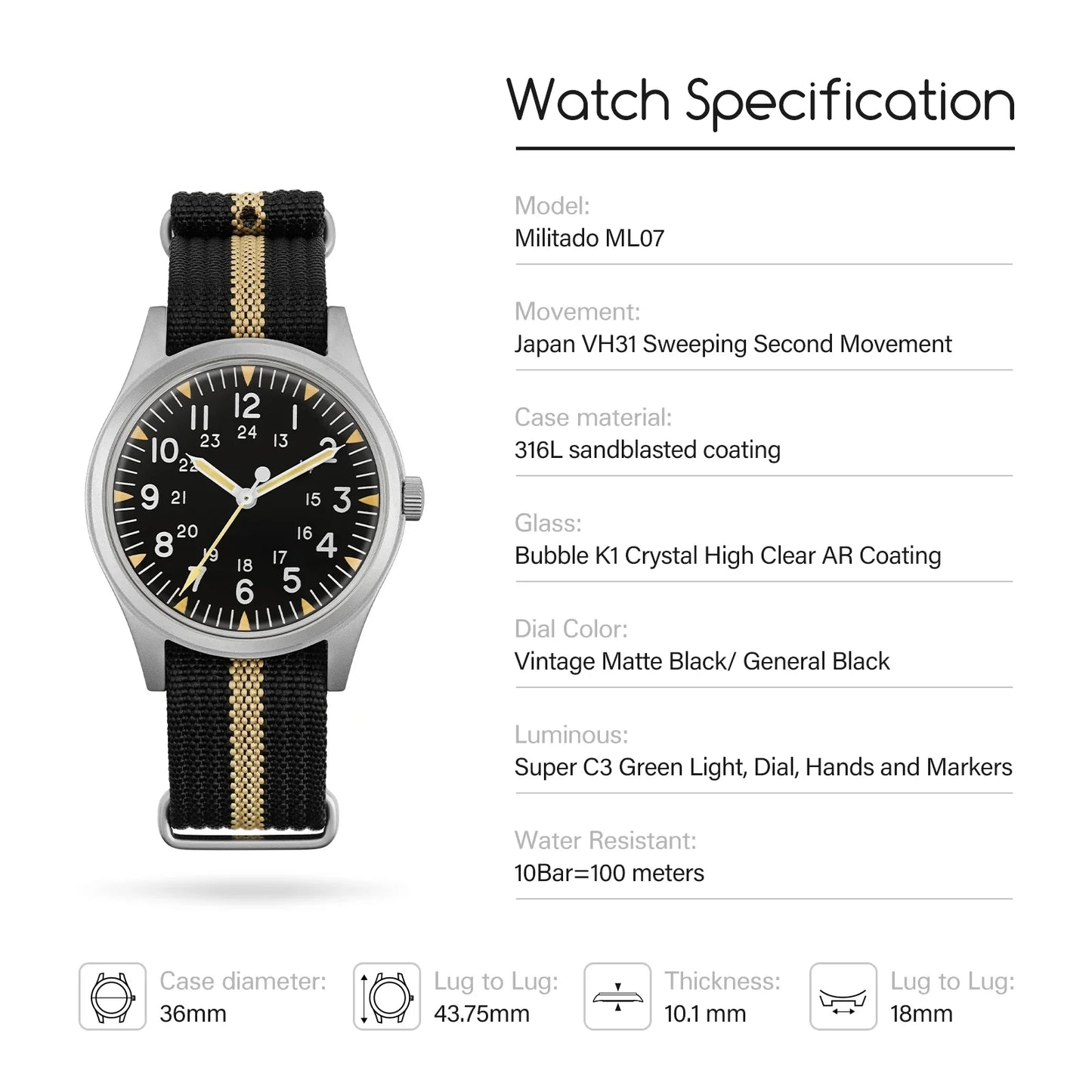 Militado ML07 Military Watch VH31 Quartz Movement Sapphire Crystal Luminous AR Coating Vintage Watches 100m Waterproof