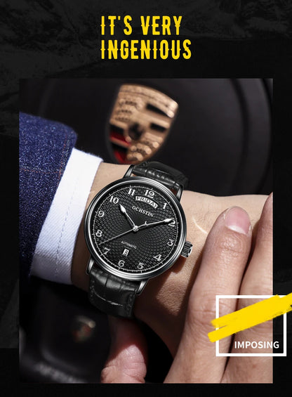 OCHSTIN Day Date Gents Watches 2025 Gift for Men Automatic Mechanical Business Wristwatches 40mm Analog Male Clock Leather Strap