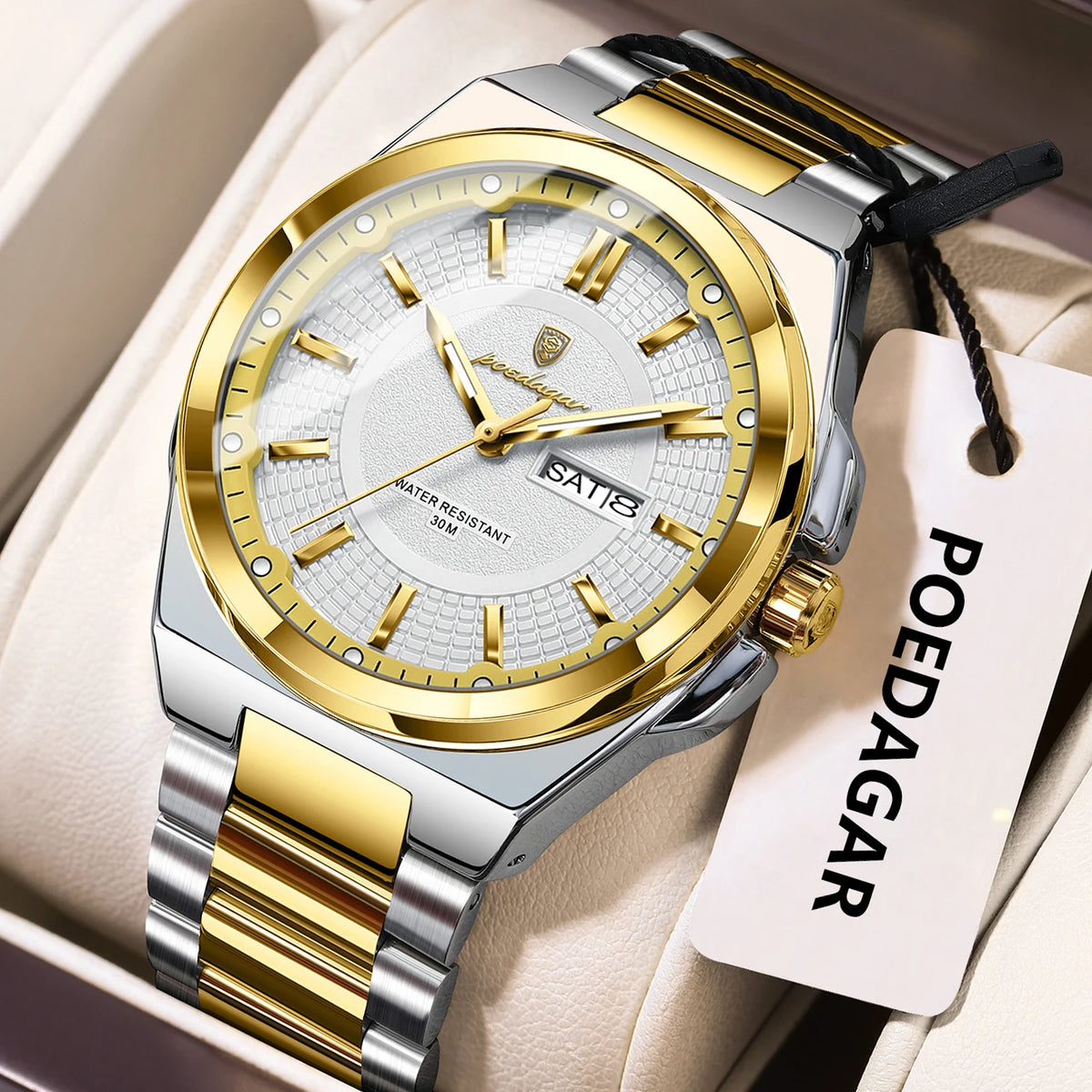 Montre-bracelet de luxe POEDAGAR Sport Original pour homme, à quartz, avec date et jour de semaine, étanche et lumineuse, en acier inoxydable.