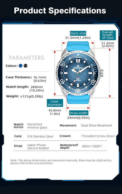 Stainless Steel Diving Watch Solar Energy Driven Quartz Watch Outdoor Waterproof Long Battery Life Rotatable Chronograph Ring