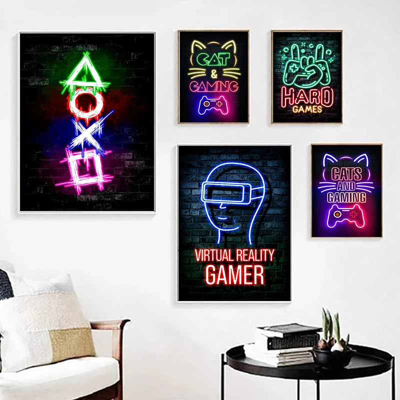 Póster Nordic Cat e Citações de Comando Gaming em Tela Moderna para Arte de Parede e Decoração Mural de Quarto Gamer para Rapazes e Raparigas (não néon)