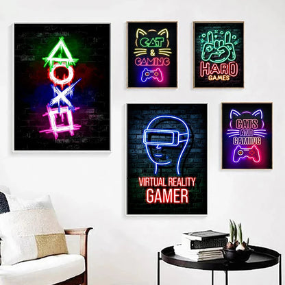 Póster Nordic Cat e Citações de Comando Gaming em Tela Moderna para Arte de Parede e Decoração Mural de Quarto Gamer para Rapazes e Raparigas (não néon)