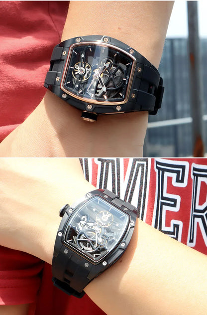 MEGIR 2242 Blue Automatic Watch for Men Sport Waterproof Stainless Steel Mechanical Wristwatch with Silicone Strap Skeleton Dial