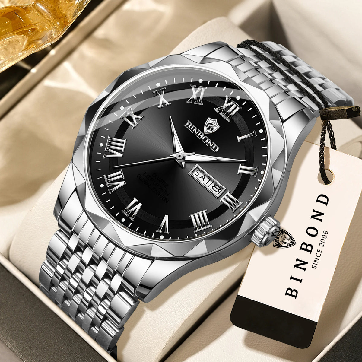 Orologio da polso di lusso al quarzo BINBOND Original Brand da uomo, luminescente, impermeabile, data automatica, indicazione del giorno della settimana, stile casual.