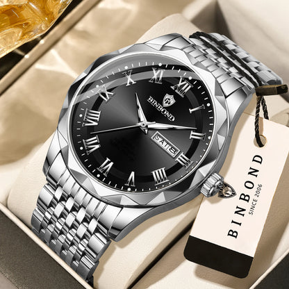 Orologio da polso di lusso al quarzo BINBOND Original Brand da uomo, luminescente, impermeabile, data automatica, indicazione del giorno della settimana, stile casual.