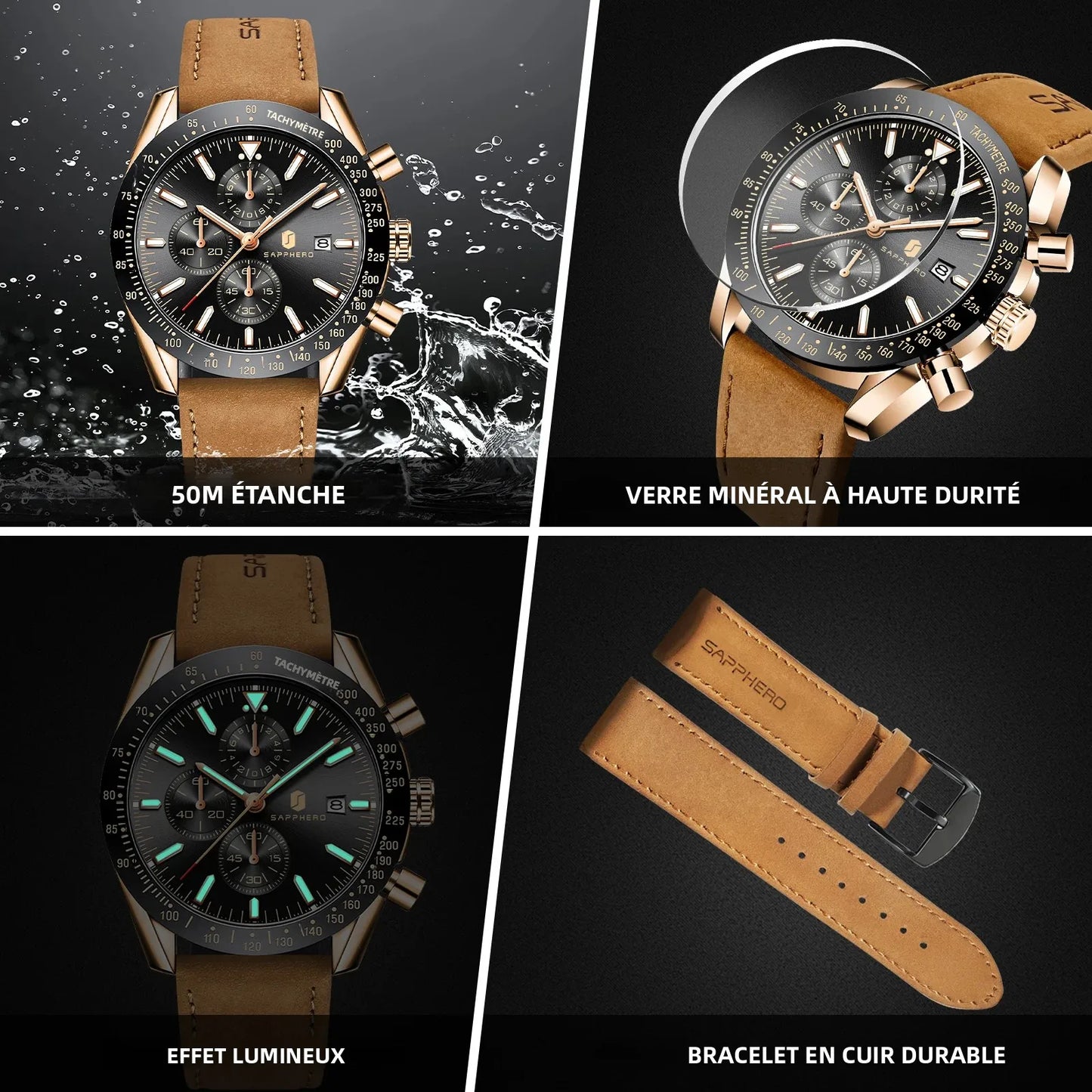 SAPPHERO Men Chronograph Watch High Precision Quartz Movement Blue Dial Date Display 50M Waterproof Luxury Sport Wristwatch Gift