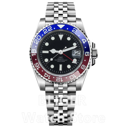 BLIGER 40mm 515 24H GMT Men's Watch Stainless Steel Clasp Luminous Quartz Movement Ceramic Bezel Sapphire Glass 10Bar Waterproof