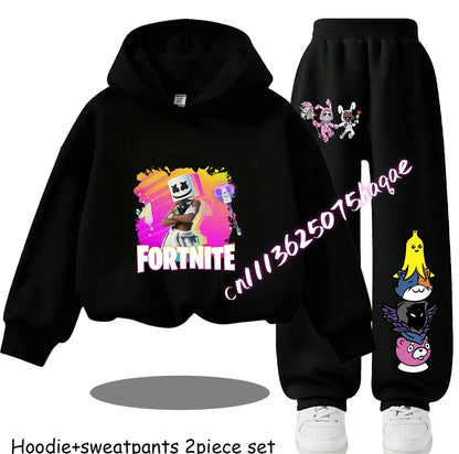 Sweats com Capuz Infantis Estampadas Fortnite, Conjunto Cartoon Confortável de 2 Peças, Tops Largos de Manga Comprida com Calças, Roupa de Outono/Inverno, Presente