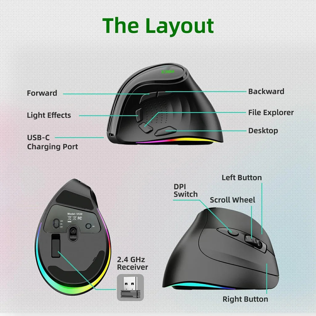 JOMAA RGB Rechargeable Wireless Ergonomic Mouse,5 Side Buttons,Bluetooth &2.4G Wireless Mice for PC Computer Notebook Laptop