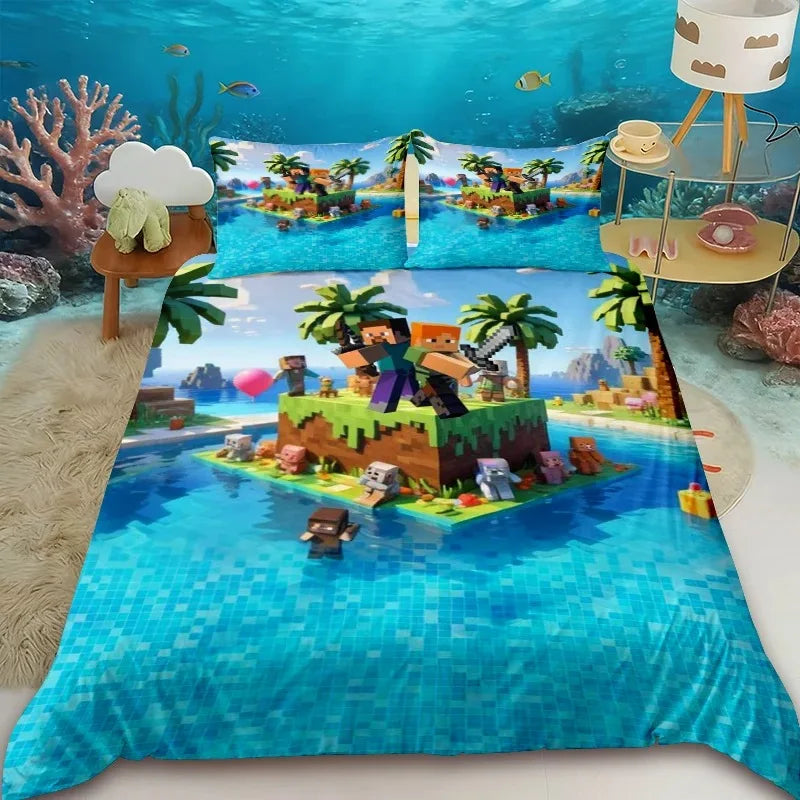 Funda nórdica infantil de dibujos animados Minecraft, juego de ropa de cama con funda de edredón, tamaños Queen, King y Full, con 1/2 fundas de almohada para dormitorio