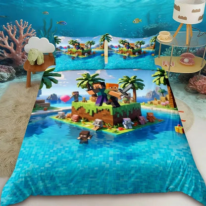 Funda nórdica infantil de dibujos animados Minecraft, juego de ropa de cama con funda de edredón, tamaños Queen, King y Full, con 1/2 fundas de almohada para dormitorio