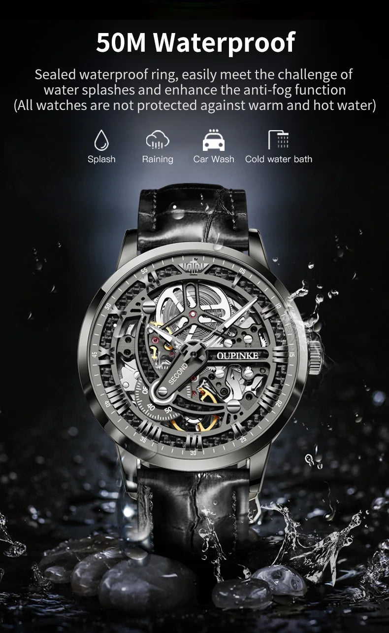 OUPINKE 3173 Skeleton Automatic Mechanical Watch Luxury Brand 50M Waterproof Watch Leather Strap Mens Watch Box Gifts Reloj