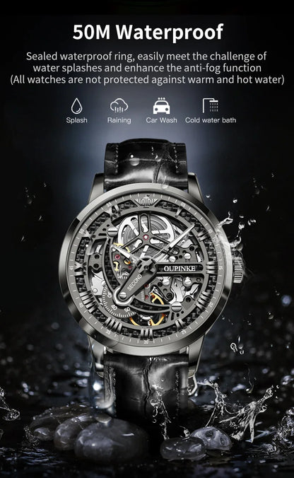 OUPINKE 3173 Skeleton Automatic Mechanical Watch Luxury Brand 50M Waterproof Watch Leather Strap Mens Watch Box Gifts Reloj