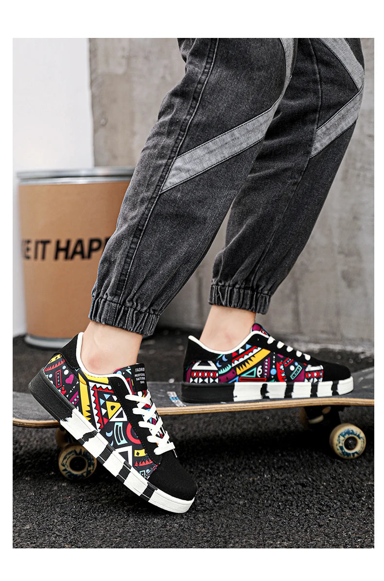 Zapatillas deportivas de running para hombre YRZL de lona con estilo geométrico, zapatillas con cordones para pareja, zapatos de skate para hombre con estampado grafiti moderno